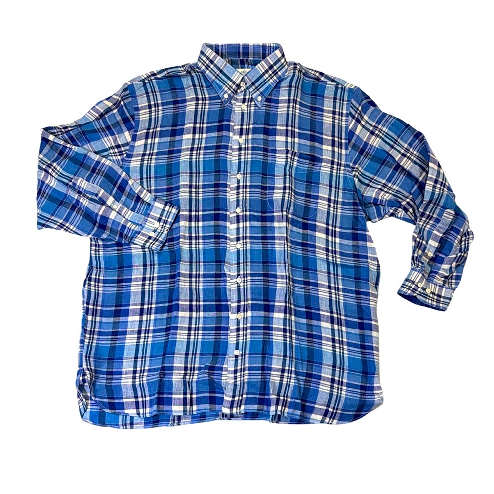 Ben Silver mens 18 34 blue white plaid 100% linen oxford dress shirt EUC